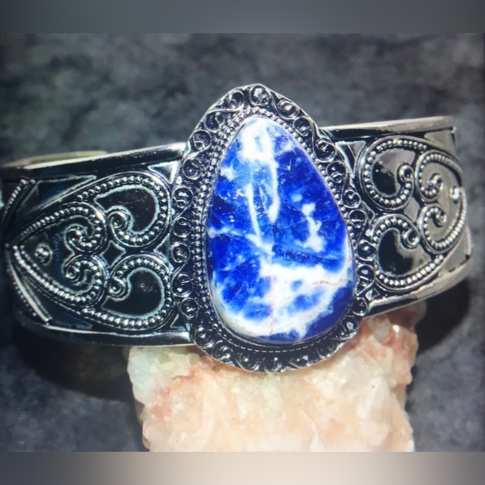 Sodalite Stamped 925 Sterling Silver Cuff Bracelet